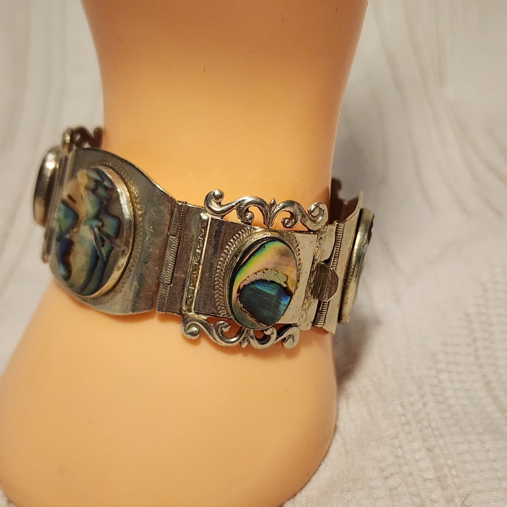 Vintage Taxco Sterling Silver 925 Abalone Panel Bracelet Mexico 7" Ornate - Picture 11 of 15